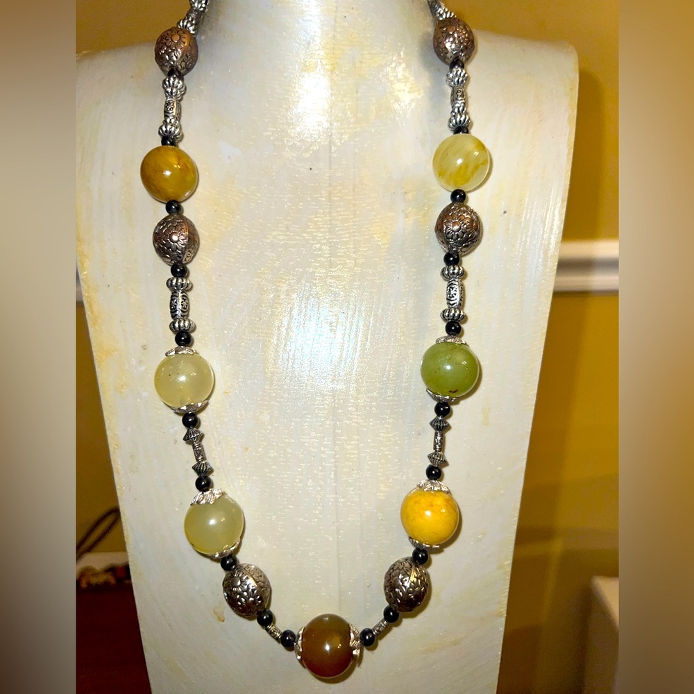 Heavy Genuine Gemstone Beaded Necklace/silvertone As Is No returns